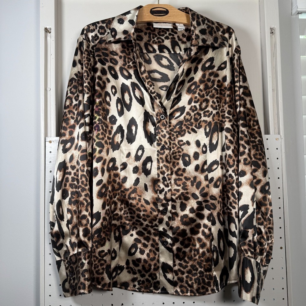 Chico's Blouse Top Womens Size 3 XL Brown Leopard Print Elegant Button Up Black